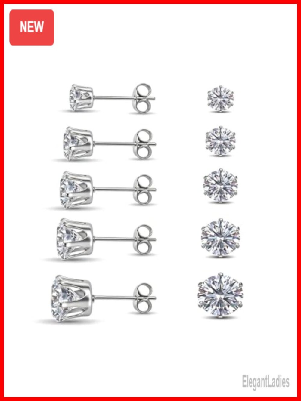 5 Pairs 316L Surgical Stainless Steel Cubic Zirconia Stud Earrings Women